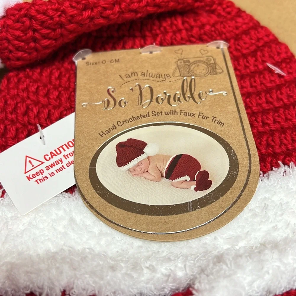 So 'Dorable Hand Crocheted With Faux Fur Trim 3 Piece Christmas Ensemble 0-6 M
